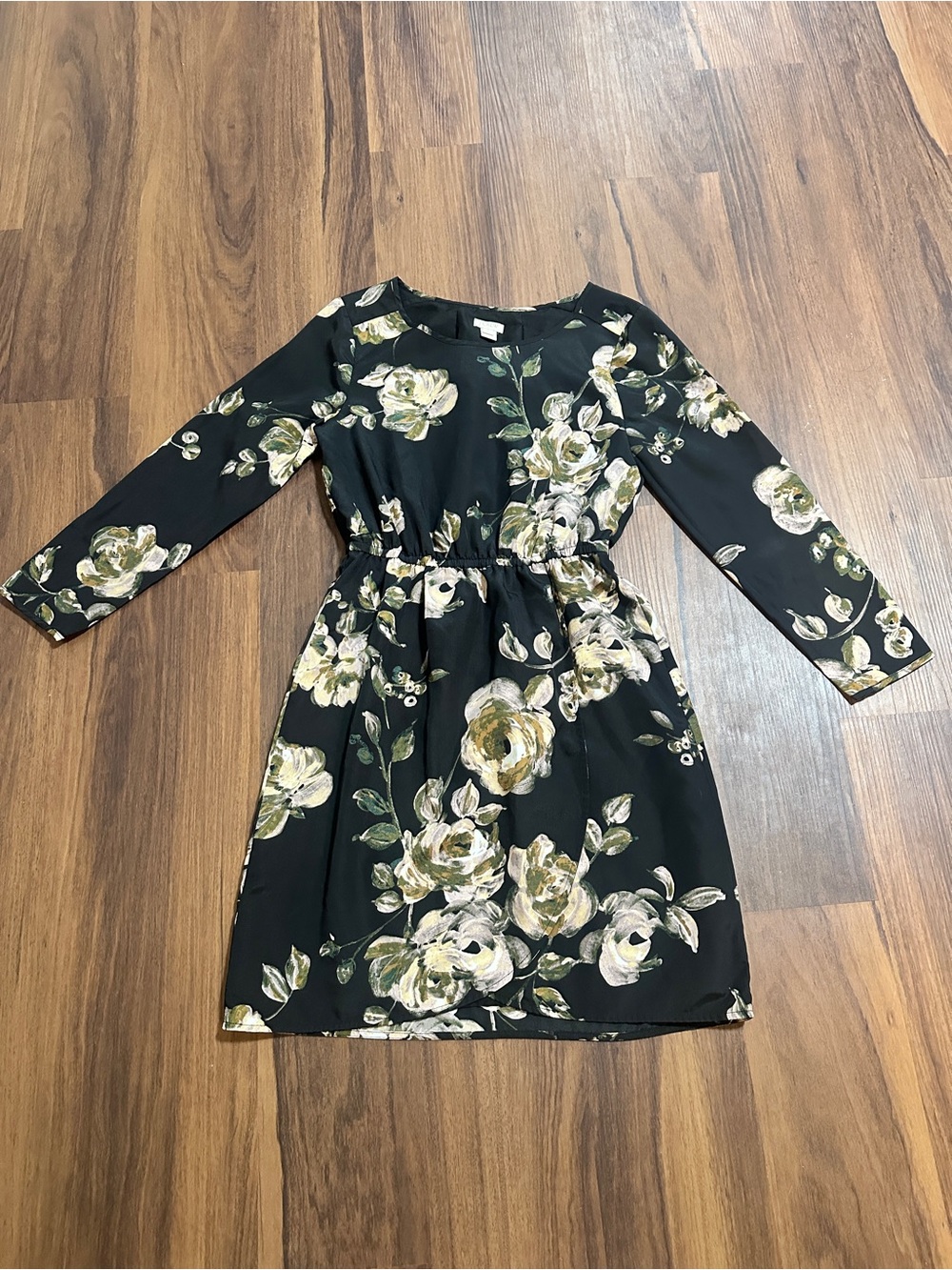 J. Crew Black Floral Long-Sleeve Waist-Defined Dress with Green and Cream Blooms